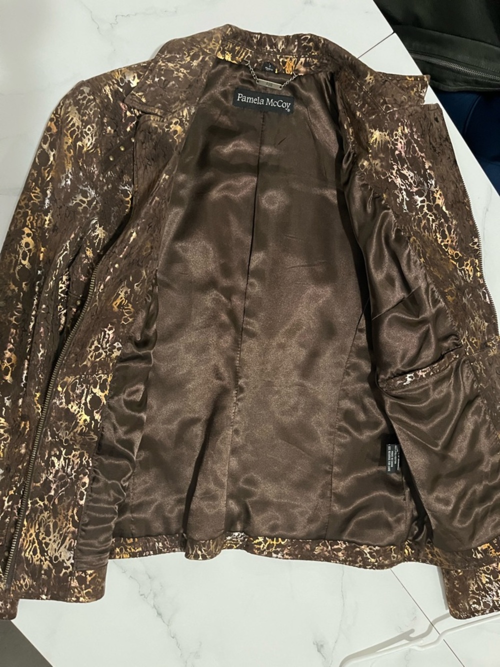 Pamela McCoy Metallic Moto Jacket Brown Gold Snakeskin Print -S Studded Luxury - Picture 6 of 6